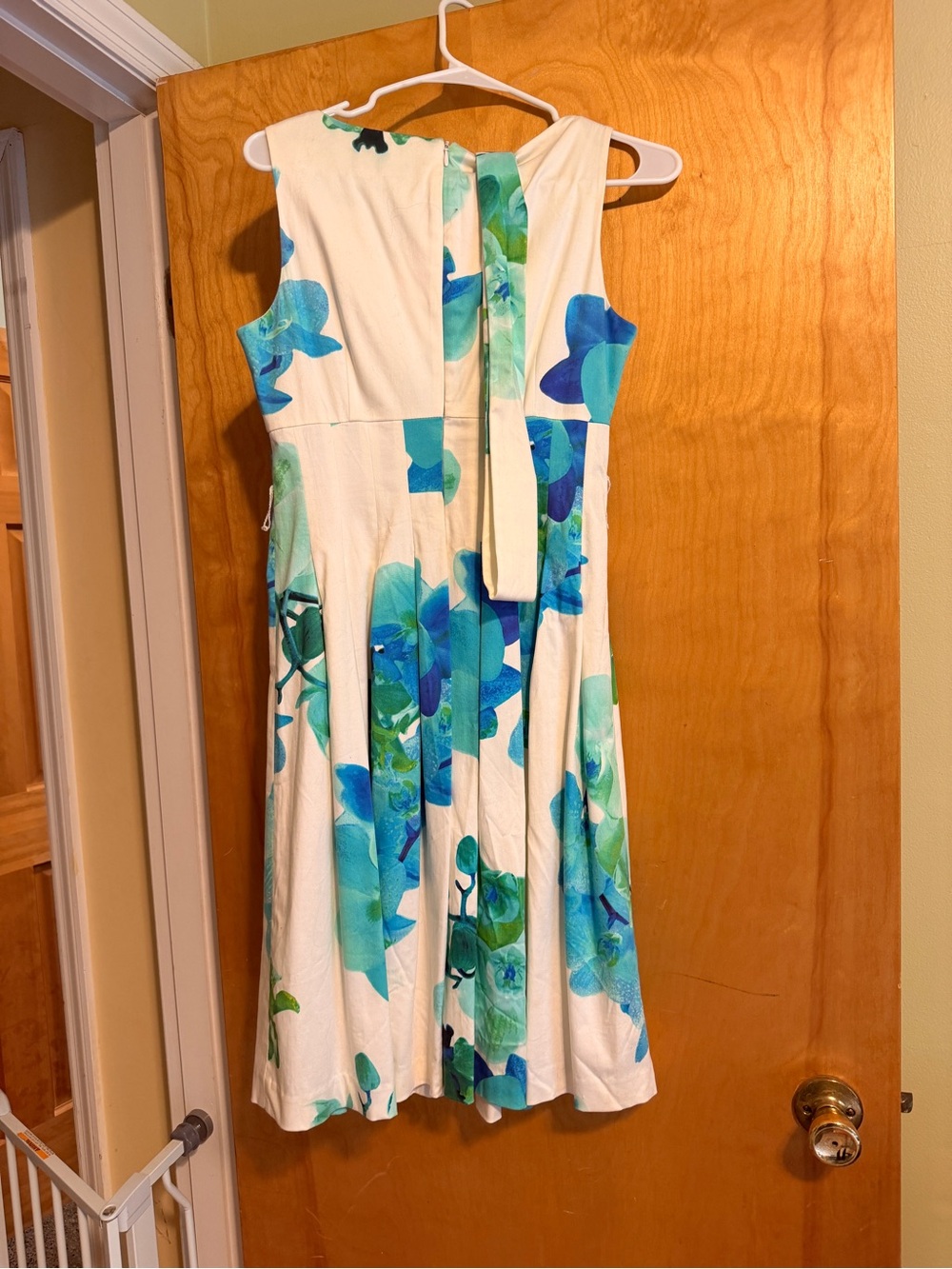 Calvin Klein White Dress with Blue and Green Floral Tie-Neck